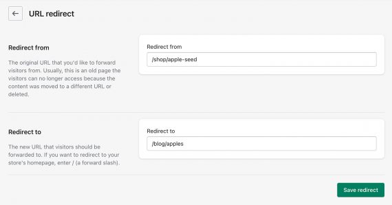 Screenshot of URL redirect screen in Shopify admin