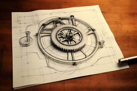 Sketch and design of a flywheel on paper