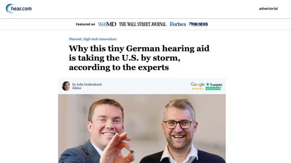 Image showing a man holding a hearing aid with the headline: Why this tiny German hearing aid is taking the U.S. by storm, according to experts.