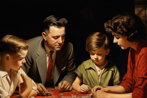 AI-generated picture of a father, mother, and two childrewn playing a board game