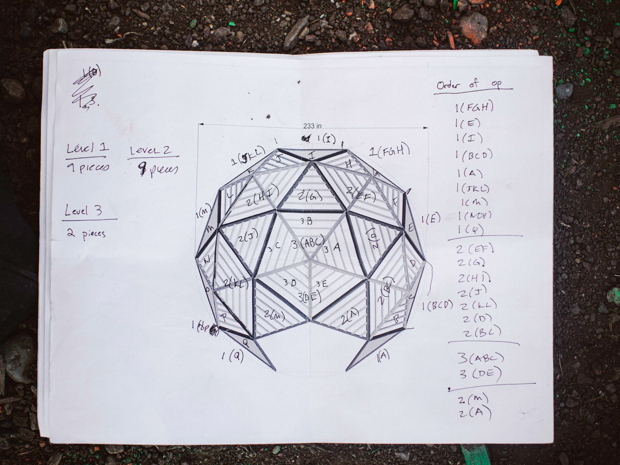 Schematic drawing in a notebook for the geodesic dome