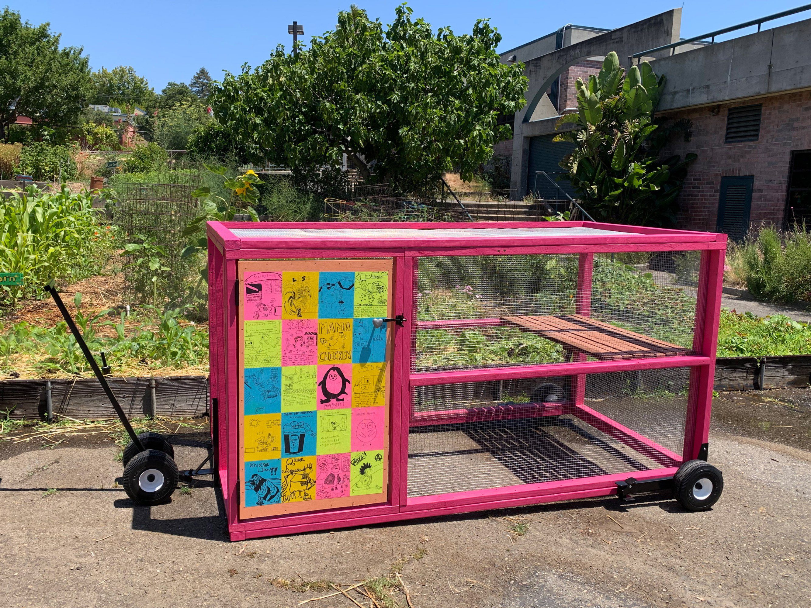 chicken tractor next to a garden plot