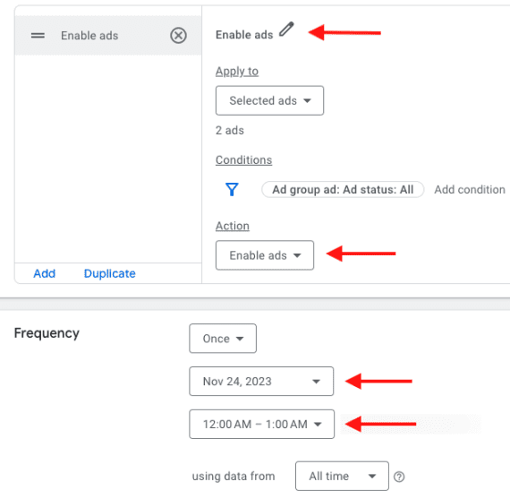 Screenshot of a Google Ads automated rule starting an ad on Nov. 24.