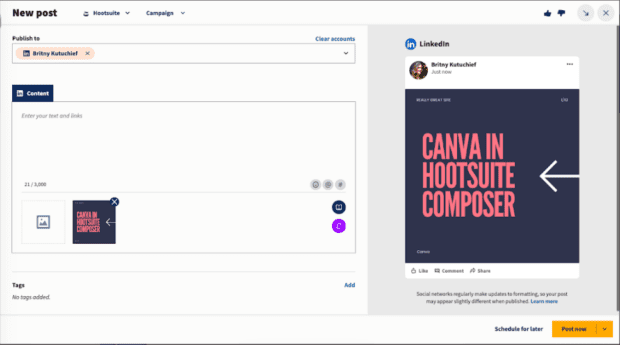 Canva in Hootsuite Planner LinkedIn post