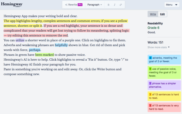 Hemingway App highlighted text and readability score