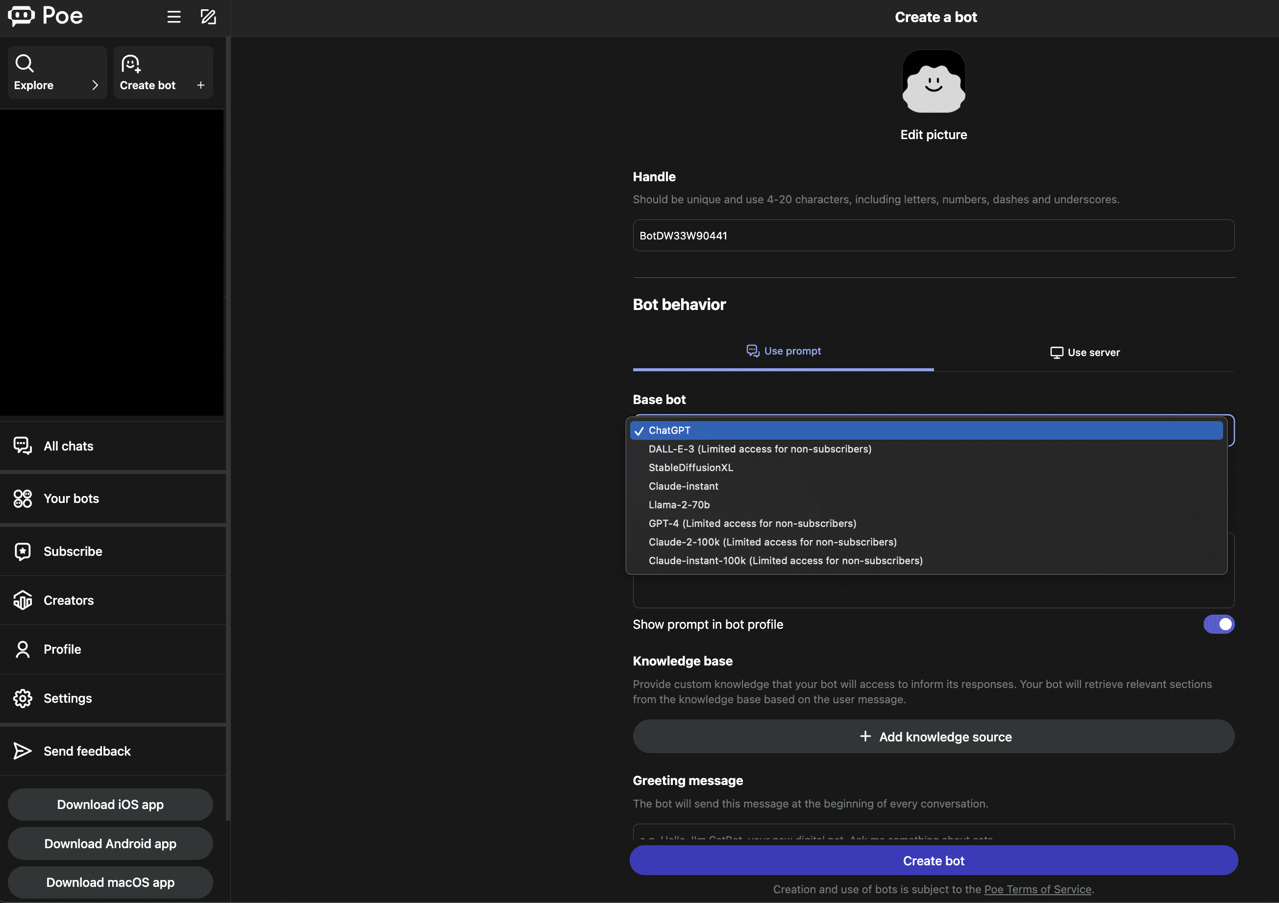 poe create a bot gpts