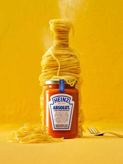Photo of pasta in front of a Heinz catchup bottle