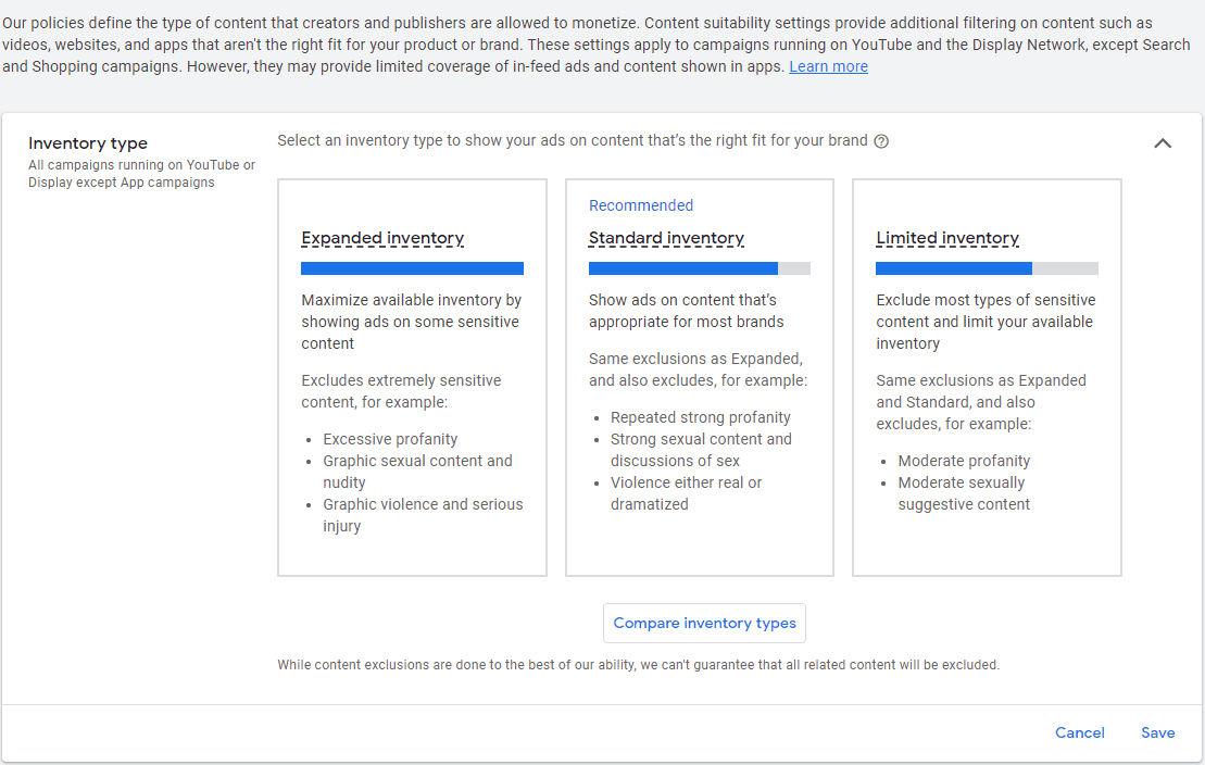 Google Ads content suitability settings.