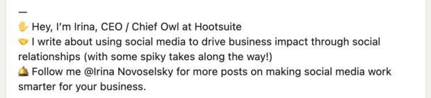 Irina Chief Owl at Hootsuite LinkedIn post footer with introduction 