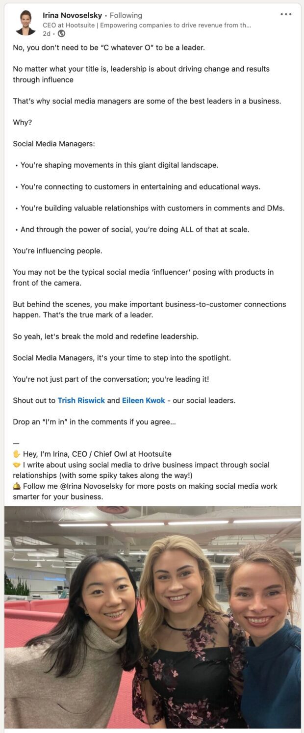 Irina Novoselsky CEO of Hootsuite LinkedIn social media manager post
