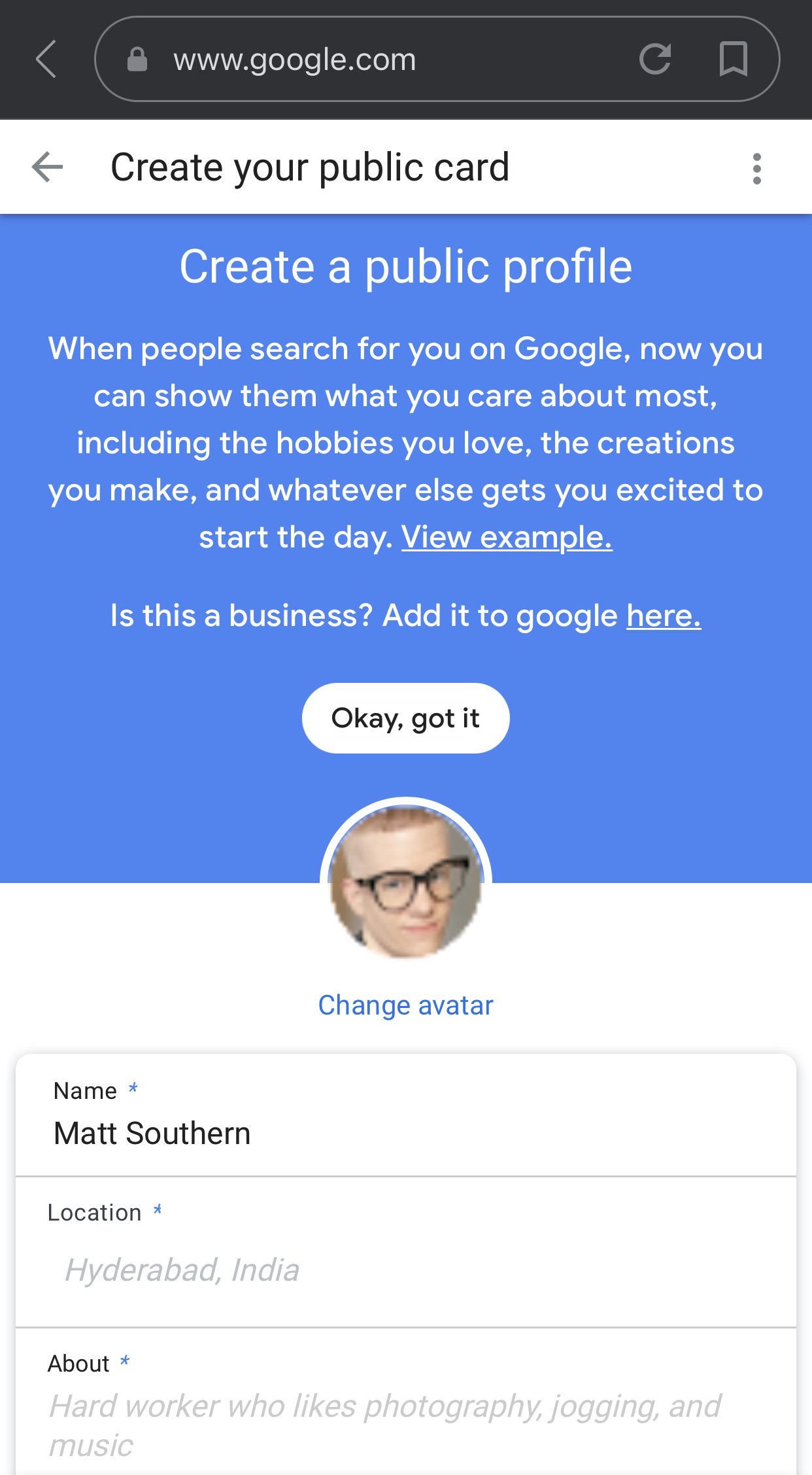 Step 2 of creating Google People Card.