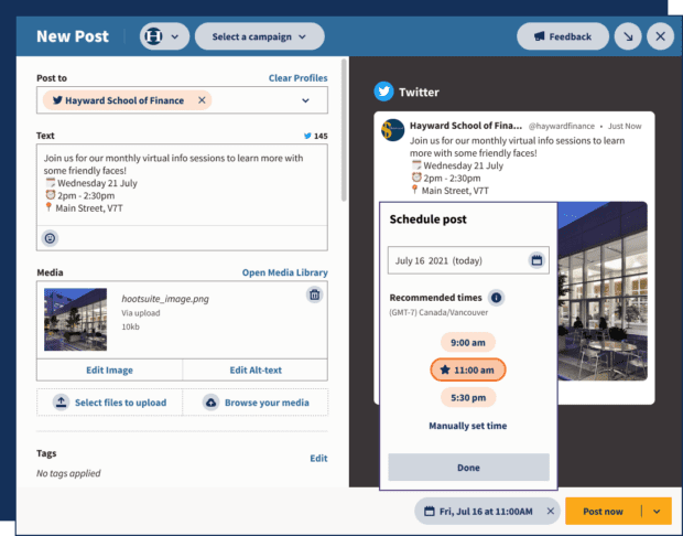 Hootsuite's Compose screen with the auto publish feature highlighted