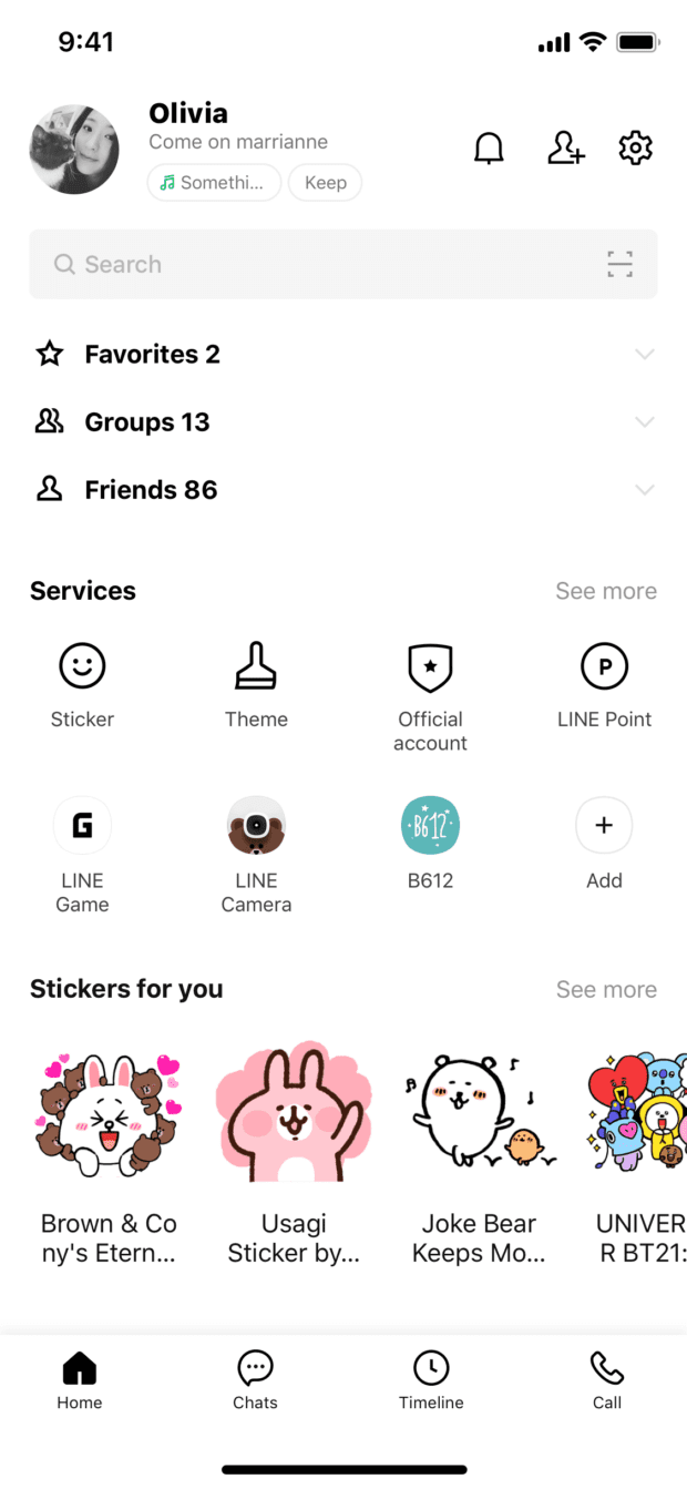 Line Timeline user profile with services and customized stickers