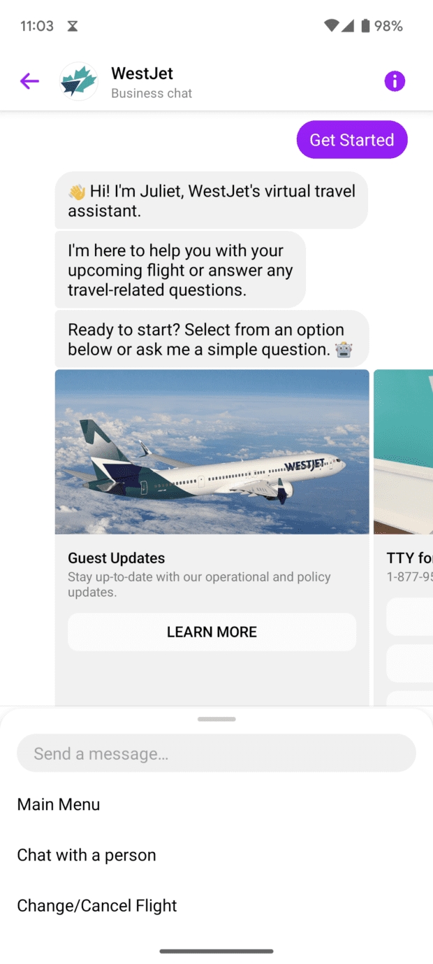 WestJet virtual assistant answers to upcoming flight and travel related questions