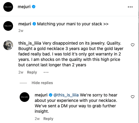 Mejuri Instagram comment reply to negative review