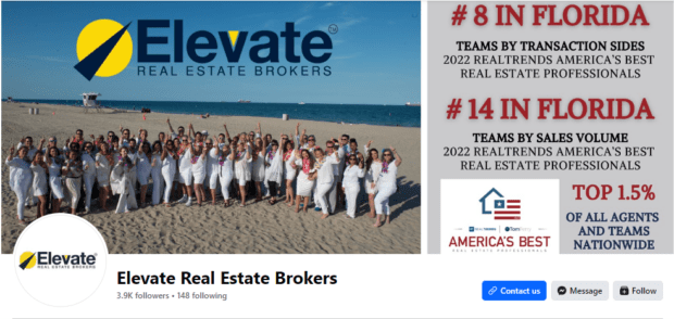 Elevate Real Estate Brokers Florida Facebook bio with sales statistics