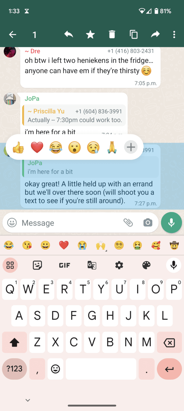 popular emoji reactions in WhatsApp message