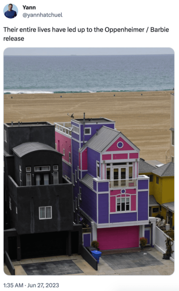 Oppenheimer Barbie movie release opposite style of houses next door
