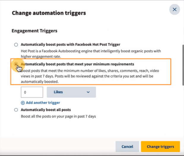 Engagement triggers option to automatically boost posts that meet minimum requirements