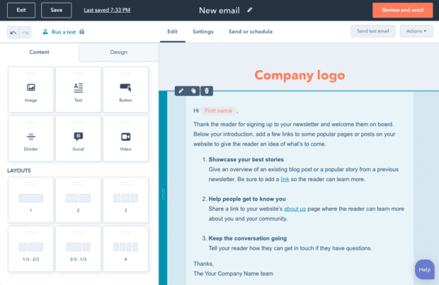 HubSpot edit new email with company logo