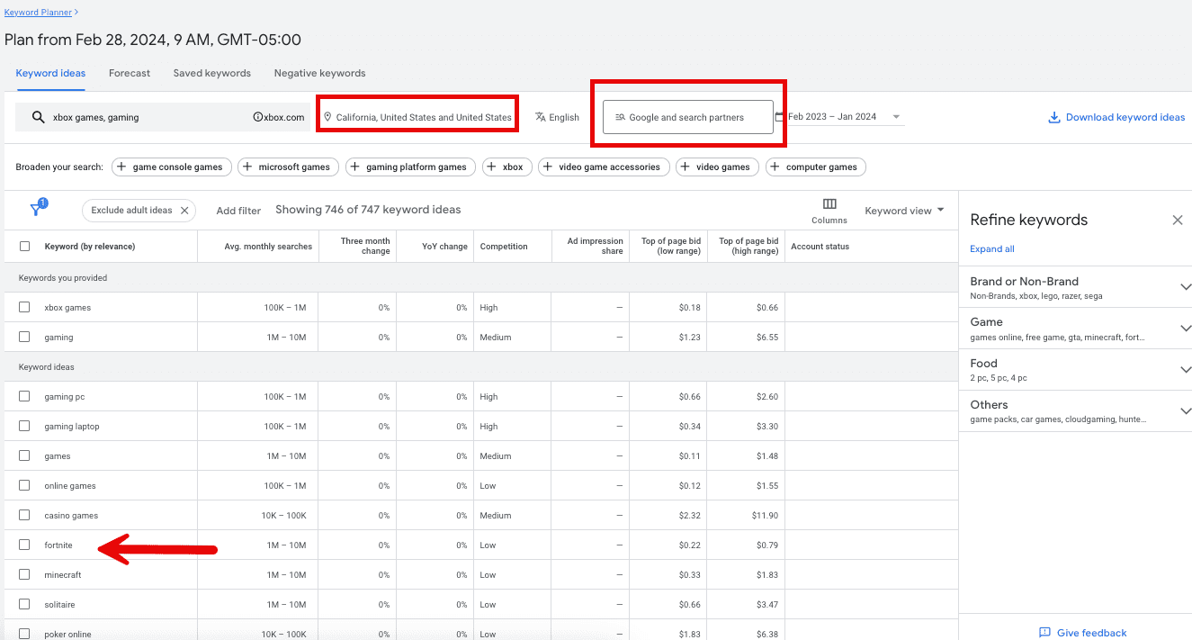 reviewing the data in keyword planner based on volume