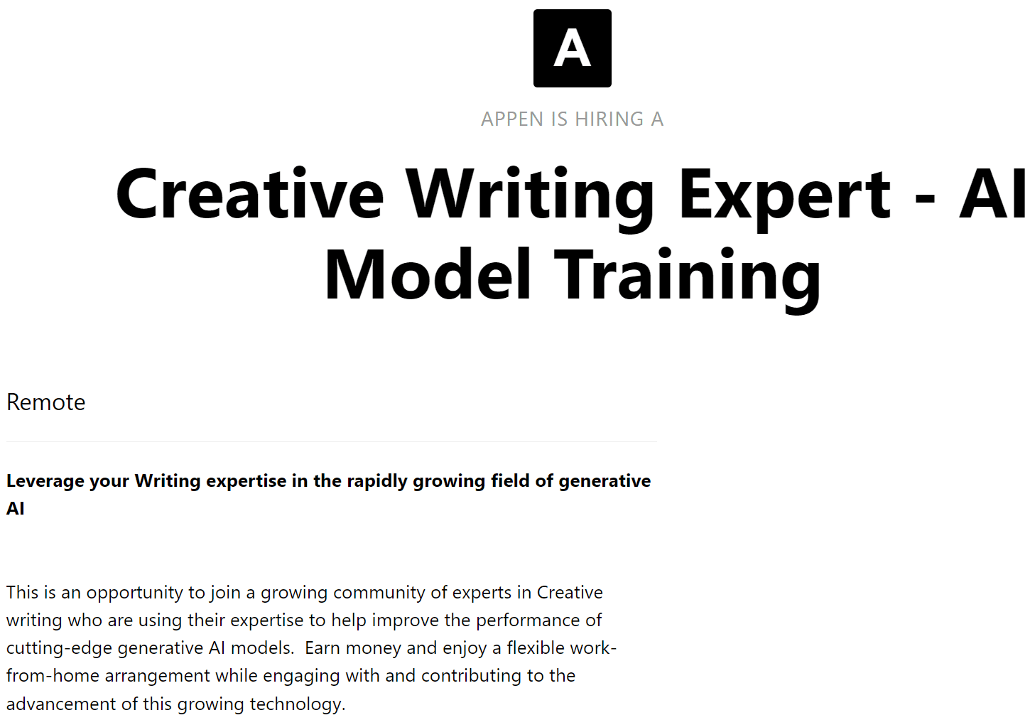 Job advertisement for a creative writing expert in AI model training