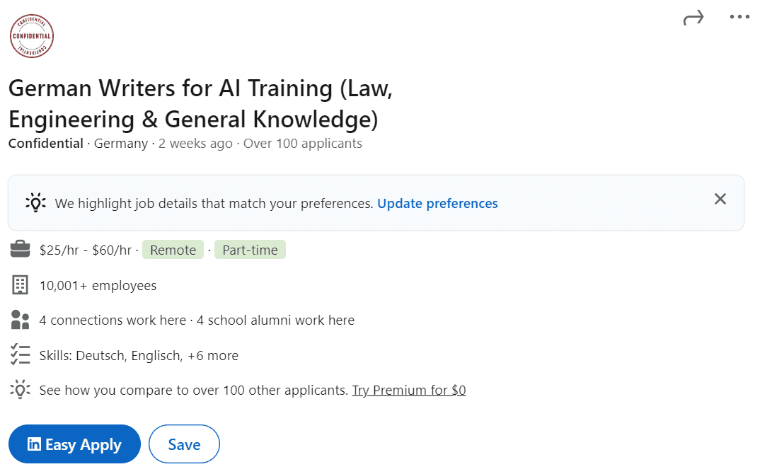 A screenshot of an online job listing for a 