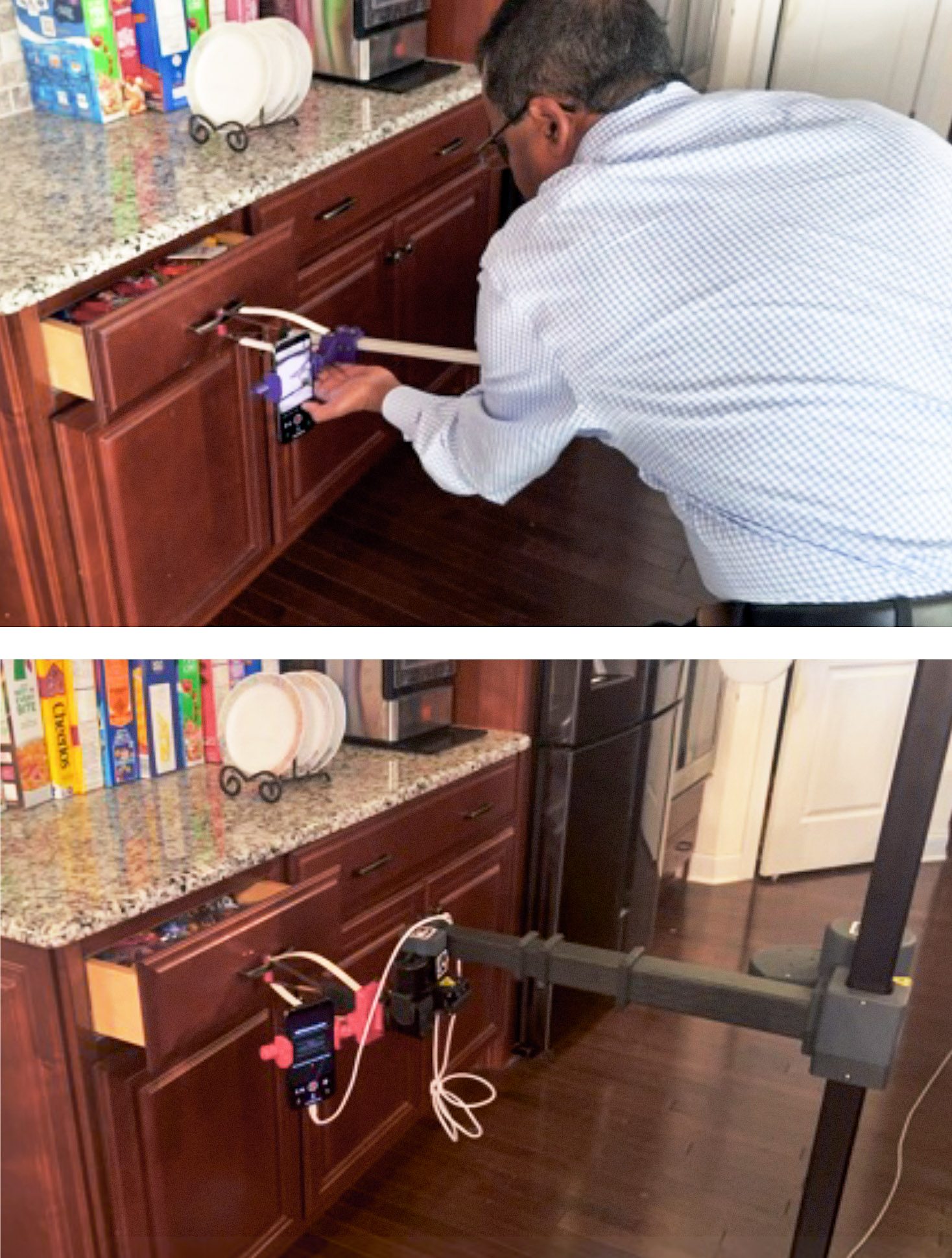 top frame shows a person recording themself opening a kitchen drawer with a grabber, and the bottom shows a robot attempting the same action