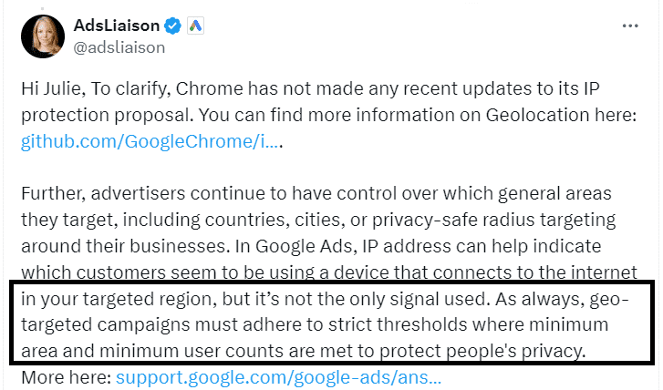 A tweet from @adsliaison addressing Julie, clarifying Chrome's Google Testing IP Proxies and geolocation updates, and discussing advertisers' control on targeting settings, including IP address usage, with