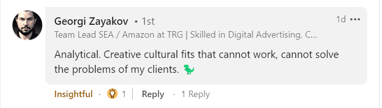 A screenshot of a LinkedIn comment by Georgi Zayakov, who describes himself as analytical 