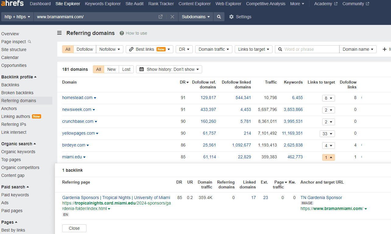 Ahrefs results form referring domains 