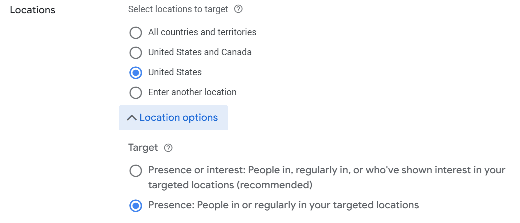 Google Ads location targeting options.