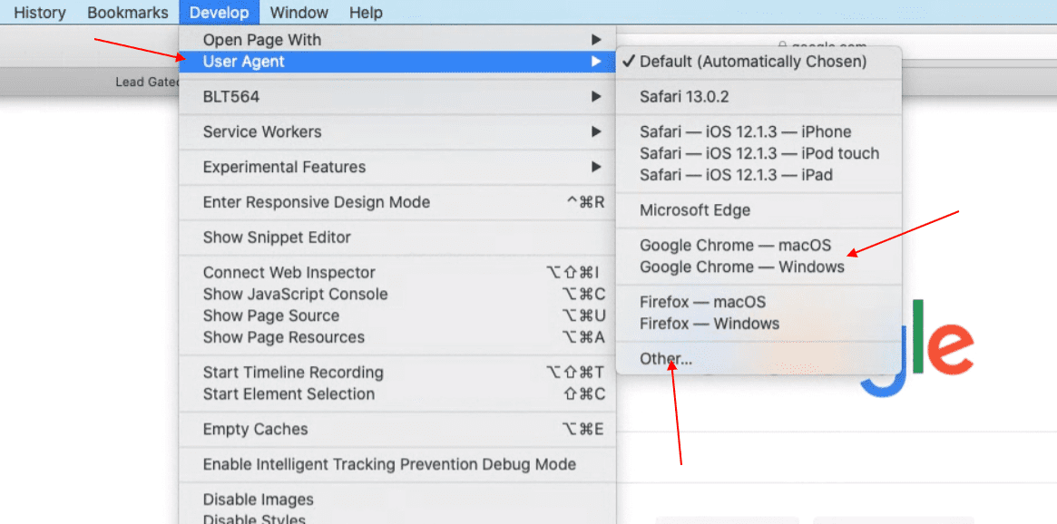 Safari's develop menu. User agent
