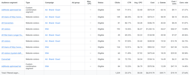Google Ads campaign perfromance segmentation by audience