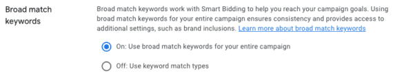 Interface in Google Ads admin for broad match keywords Interface in Google Ads admin for broad match keywords
