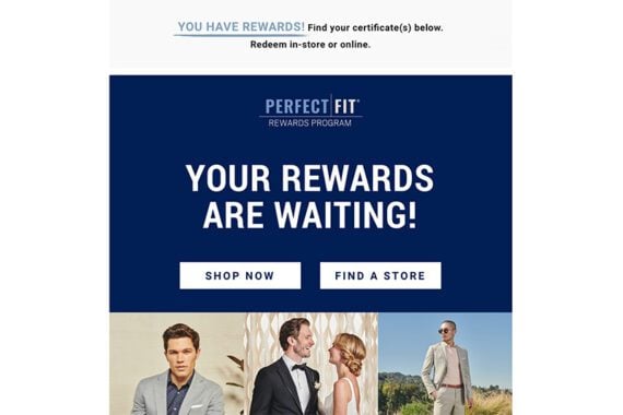 Screenshot of Men's Warehouse rewards points update.