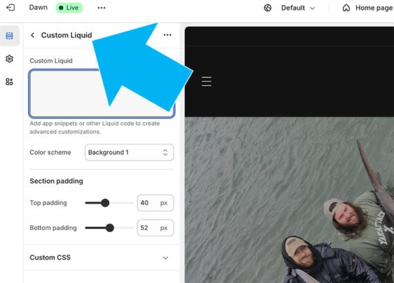 Shopify theme backend showing the Liquid tags