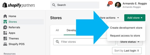 Screenshot of the development store option in Shopify Partners