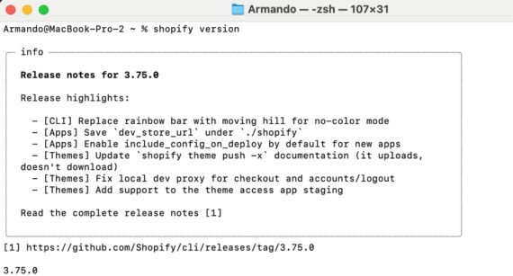 Screenshot of version command info