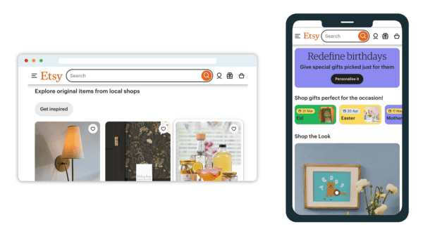 The desktop and mobile version of Etsy's website