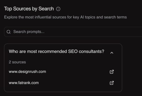 Screenshot of a top source by search report, showing influential souces.