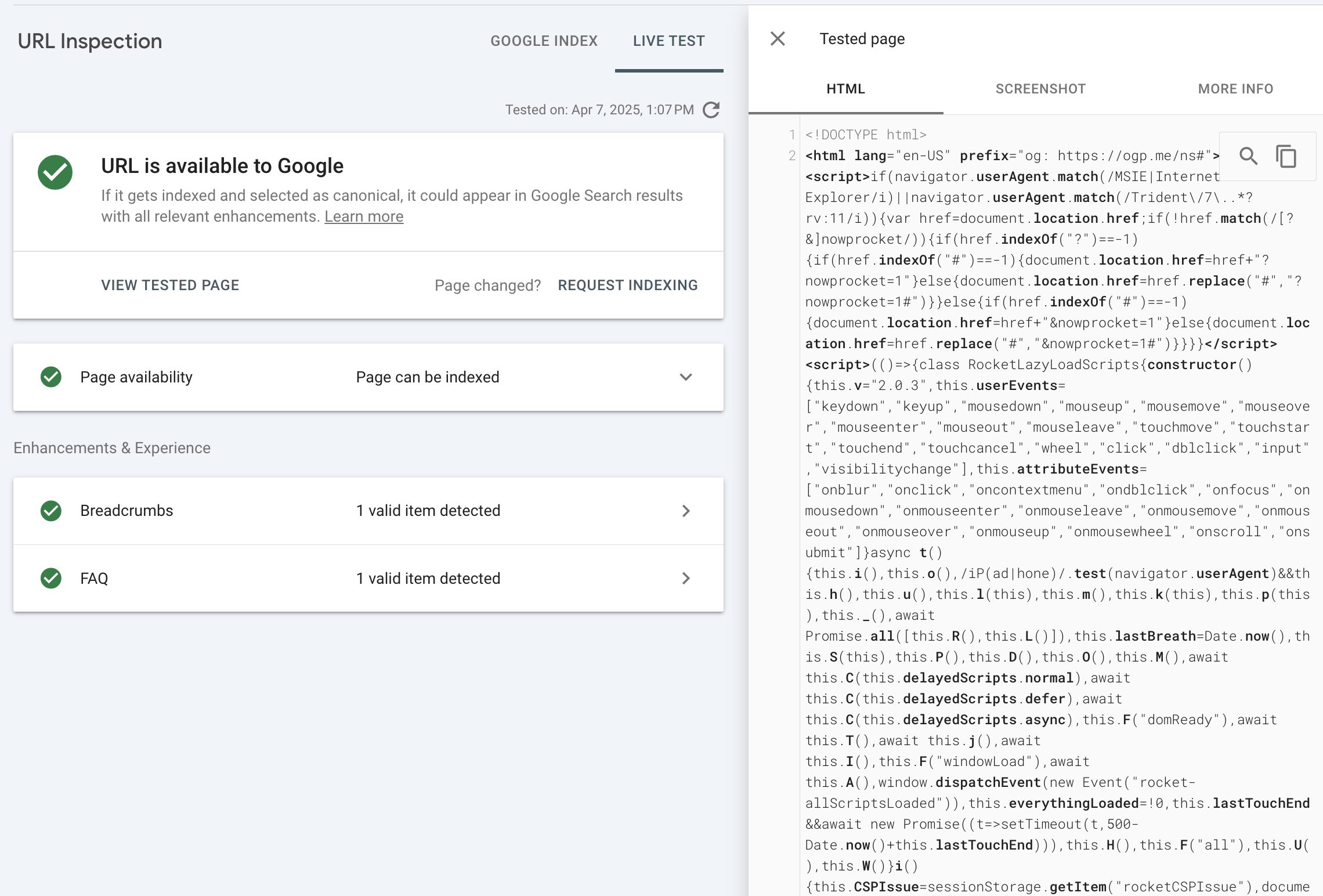 Google Search Console LIVE Test