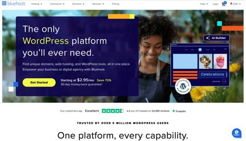 Home page of Bluehost