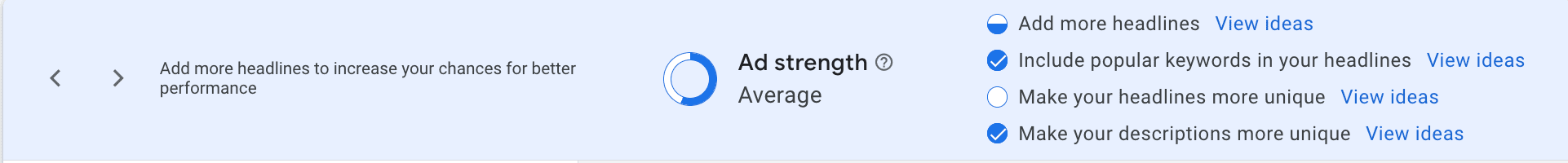 Responsive Search Ad (RSA) in Google Ads showing Ad Strength indicator and view ideas