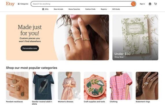 Screenshot of Etsy's home page