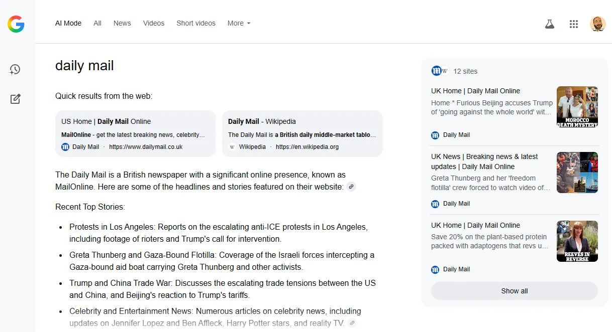 A brand search for ‘daily mail’ in Google AI Mode provides a link to the site’s homepage at the top of the response (Image credit: Barry Adam