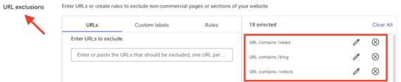 Screenshot of the URL exclusions screen in Google Ads