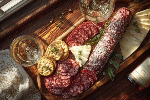 Photo of salamis and crackers on a cutting board