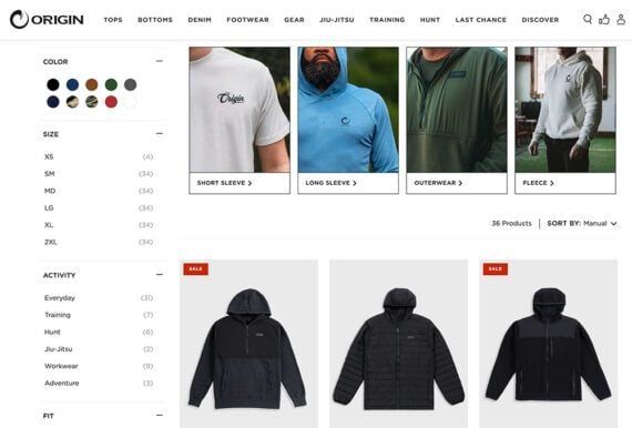 Screenshot showing shirts and hoodies on Origin with filters. Screenshot showing shirts and hoodies on Origin with filters.