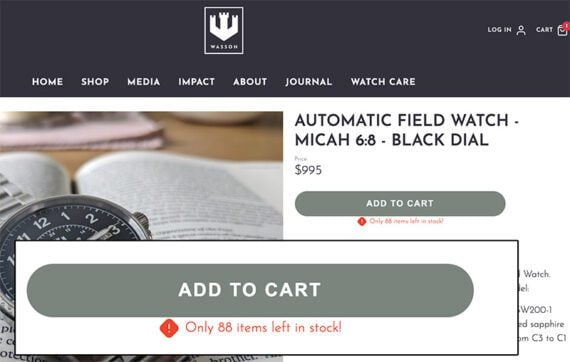 Screenshot from Wasson, a watch maker, of a watch with the message of only 58 remaining in stock. Screenshot from Wasson, a watch maker, of a watch with the message of only 58 remaining in stock.
